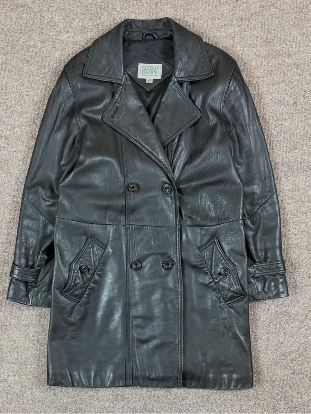 Vintage Black Leather Trench Coat Women’s Medium Double Breasted Mid Length 90s